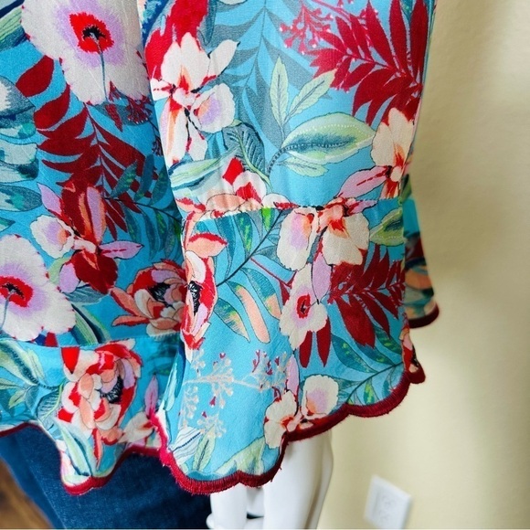 JOHNNY WAS Sz S Top Blue Floral Print Cold Shoulder - Picture 6 of 13